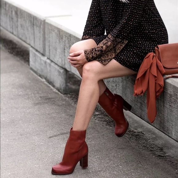 Sam Edelman Leather Ankle Boot Cognac Booties Heel RETRO 70'S RED BROWN ZIP WOOD - Picture 5 of 11